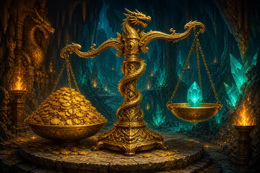 Ornate dragon balance scale weighing a heap of gold coins against a single crystal, illustrating bonus wagering requirements