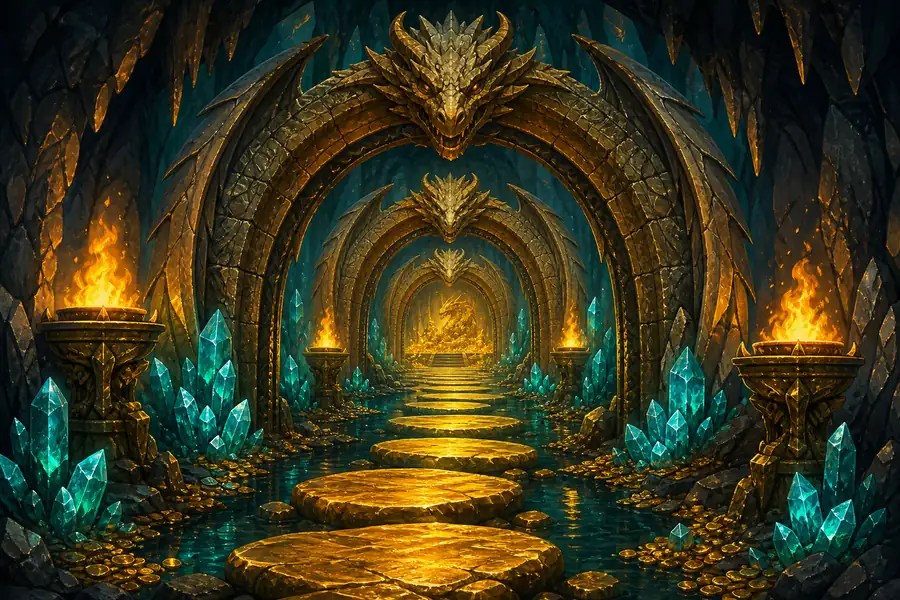 Golden stepping stones leading through three dragon archways to a treasure chamber, illustrating the steps to claim a casino bonus